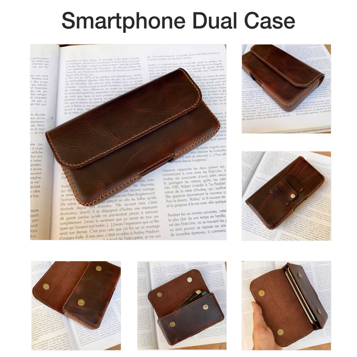 Bao điện thoại da thật 2 ngăn cho 2 máy smartphone - Bao điện thoại thủ công handmade - Da thật nhập khẩu