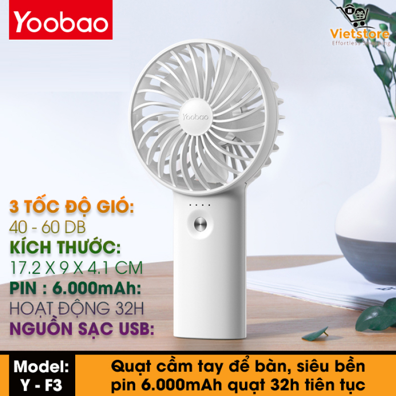 Quạt mini cầm tay hoặc để bàn Yoobao F3 tích điện pin sạc siêu bền 3000-6000mAh hoạt động liên tục từ 15-32h với 3 chế độ gió tùy chỉnh