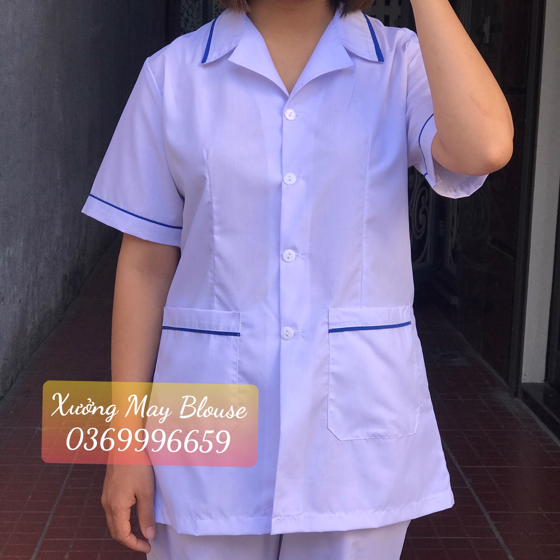 Áo điều dưỡng nam nữ cộc tay, dài tay có viền xanh - áo blouse trắng nam nữ điều dưỡng, y tá cộc tay, dài tay