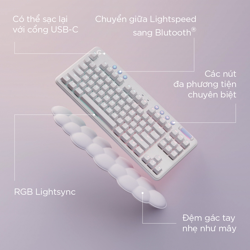 Bàn phím cơ gaming Logitech G715 TKL Aurora - Bluetooth & Lightspeed, RGB, 2 switch, PC, Mac, Laptop