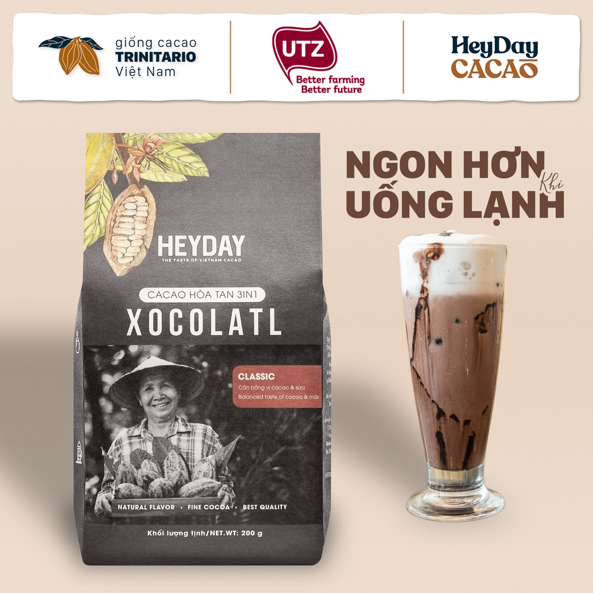 Bột cacao sữa 3in1 Xocolatl Classic - Túi 200g