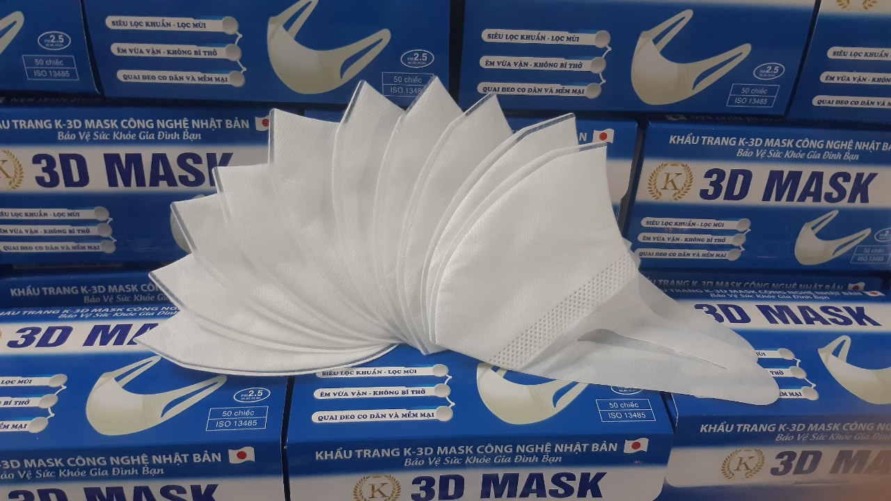 HCMhộp 50 cai K 3D Mask size M 30-50 kg màu trắng kháng khuẩn