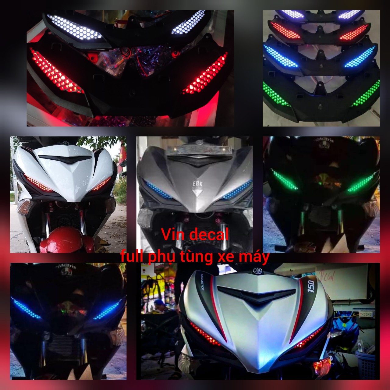 Chóa đèn Exciter 150 với thiết kế kiểu tổ ong, có thể sáng 1 màu hay 7 màu, kèm them bộ điều khiển, như zin dễ dàng lắp đặt