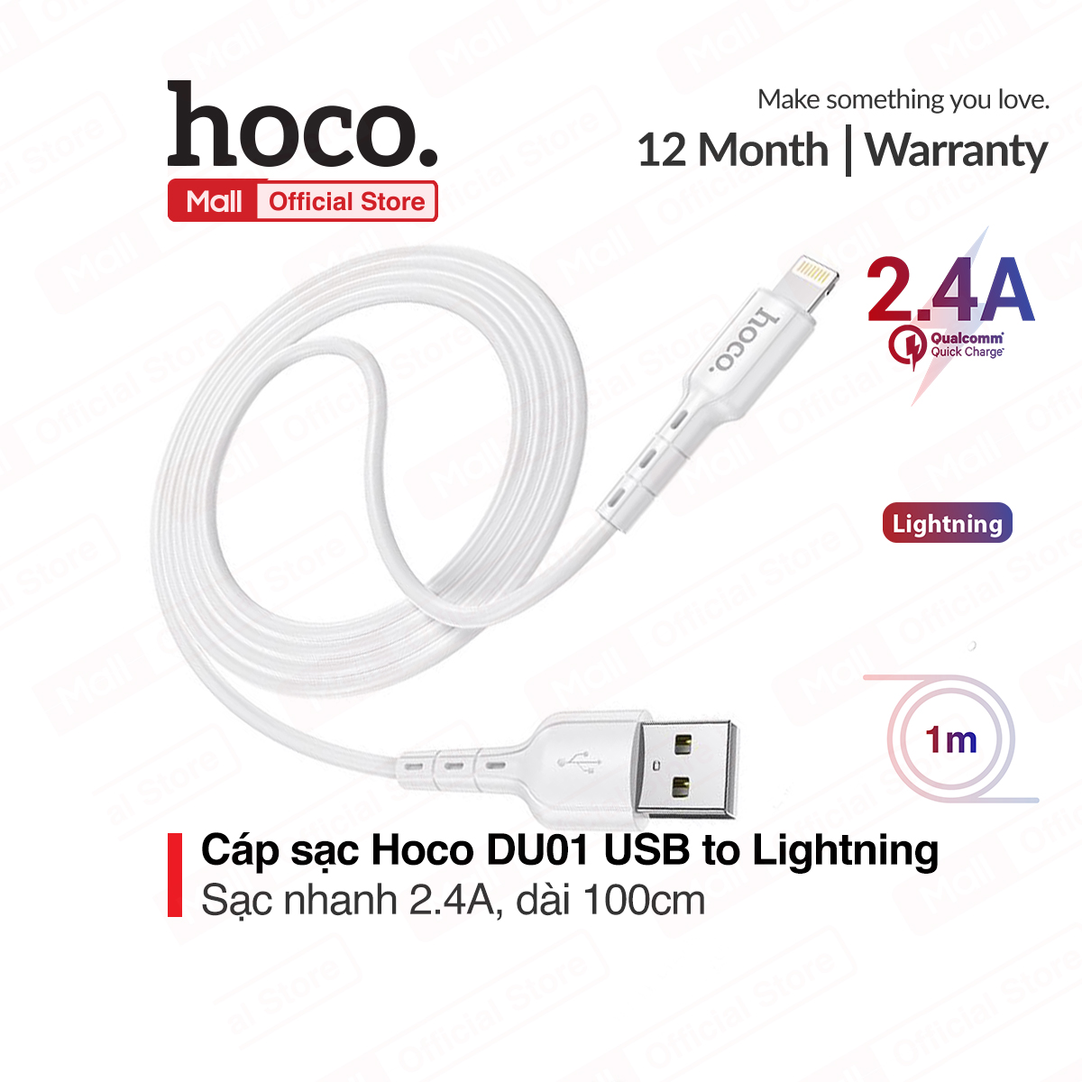 Cáp sạc Hoco DU01 USB to Micro/Lightning/Type-C sạc nhanh 2.4A/3A dài 100cm