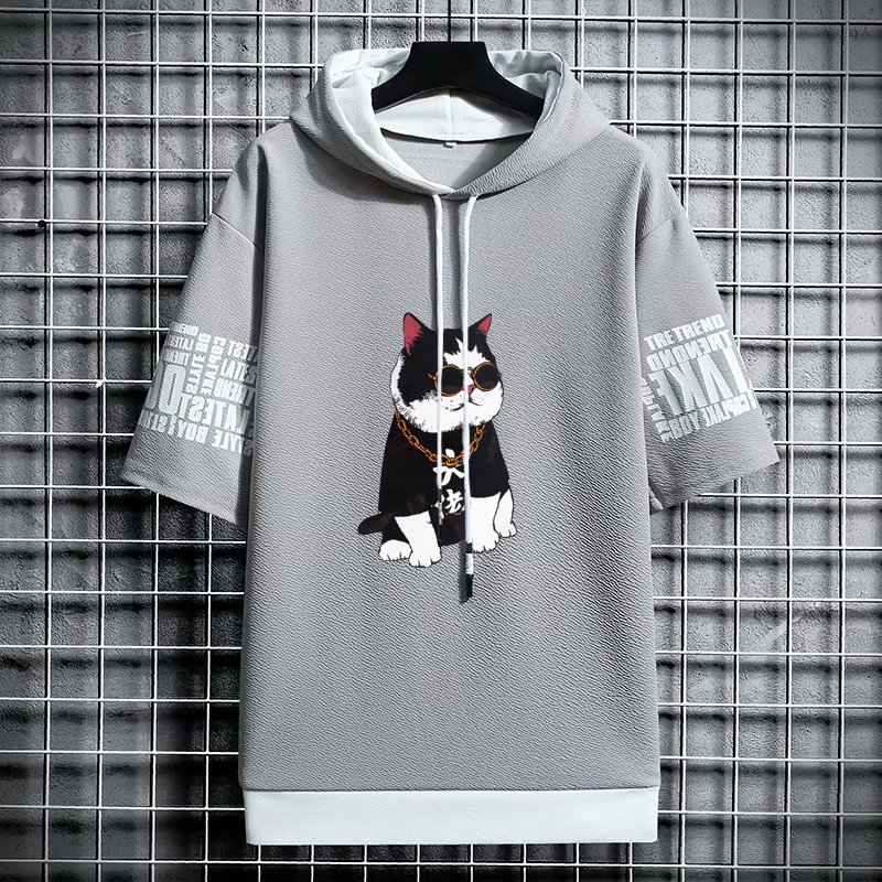 Áo hoodie tay ngắn dáng rộng thời trang phong cách Hàn Quốc dành cho nam