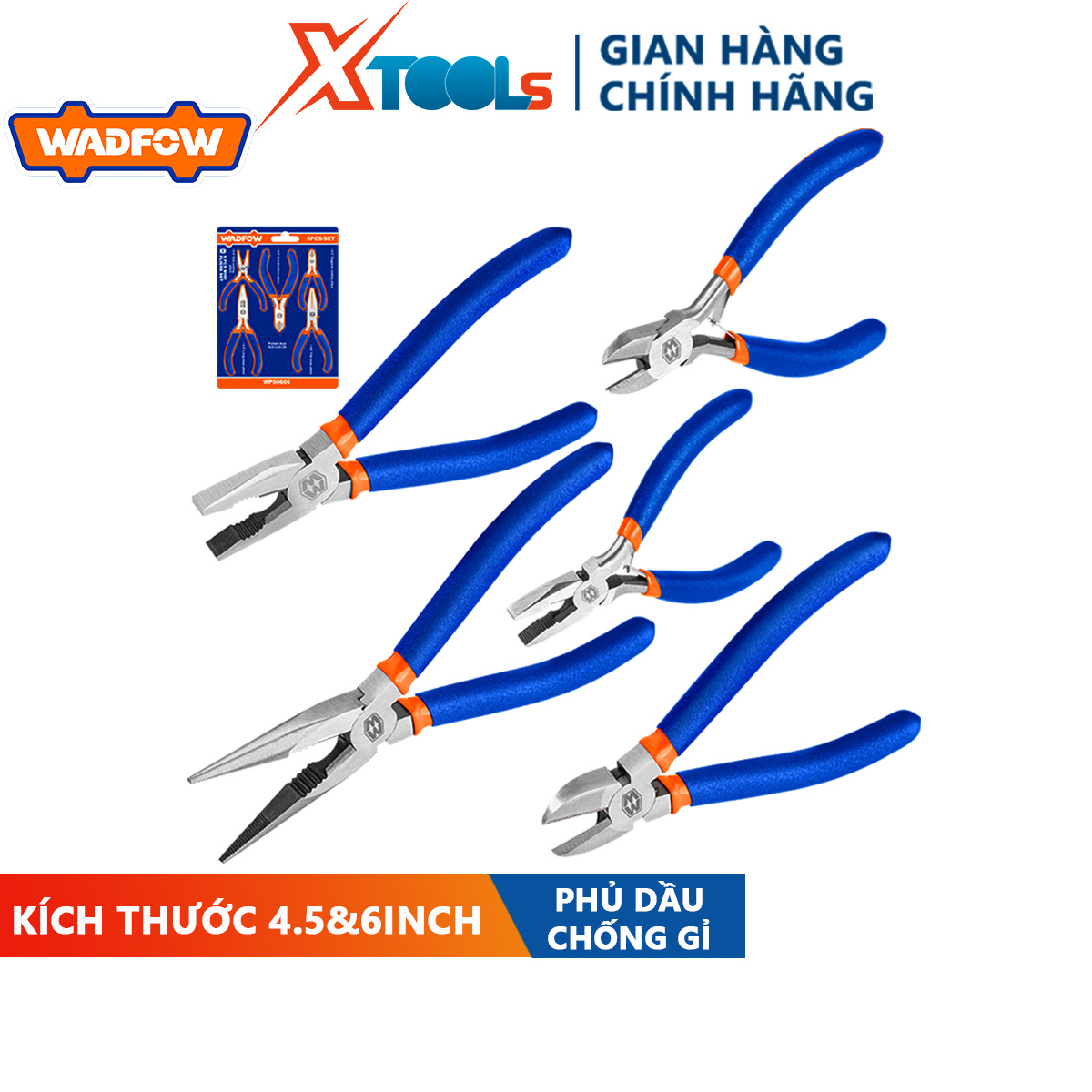 Bộ 5 kềm kết hợp WADFOW WPS0605 kích thước 4.5-6", được phủ lớp dầu bóng chống gỉ, tay cầm bằng nhựa