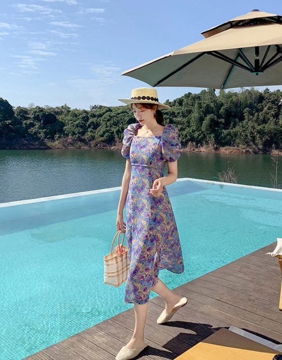 Đầm voan hoa tím cổ điển
