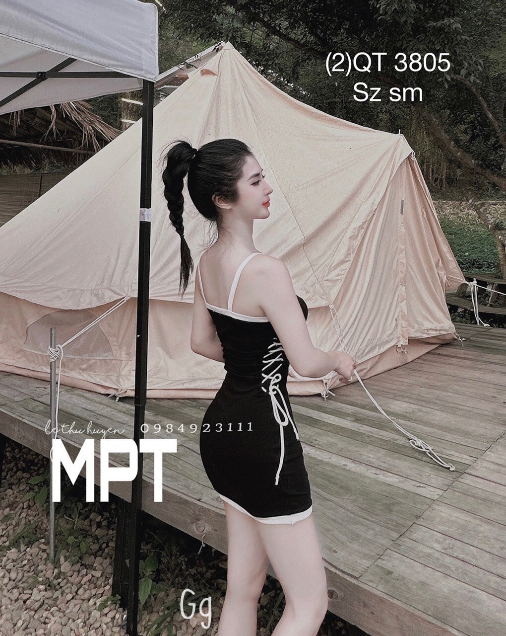 Đầm 2 dây viền màu in chữ D trước đan dây 2 bên hông ôm body dáng ngắn cực xinh chất thun gân dày dặn