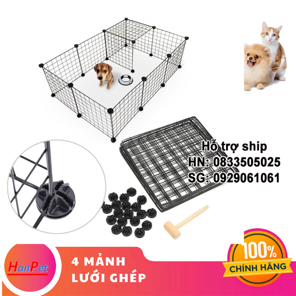 Hanpet - (Combo 4 Mảnh lưới ghép 35x35cm kèm 8 chốt) Miếng ghép quây chó đa năng, chuồng chó mèo lắp ghép kiêm kệ trang trí / chuồng ghép đa năng chó mè / chuồng thỏ / chuồng bọ
