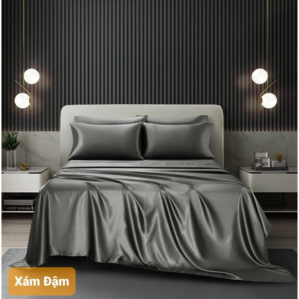 ( Lụa Loại 1) Bộ 5 Món Chăn Trần Bông Ga Gối Phi Lụa Màu Xám Đậm Cao Cấp Mềm Mại Lan Pham Bedding