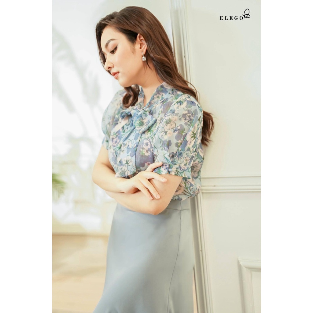 Set áo hoa cổ nơ chân váy lụa xanh