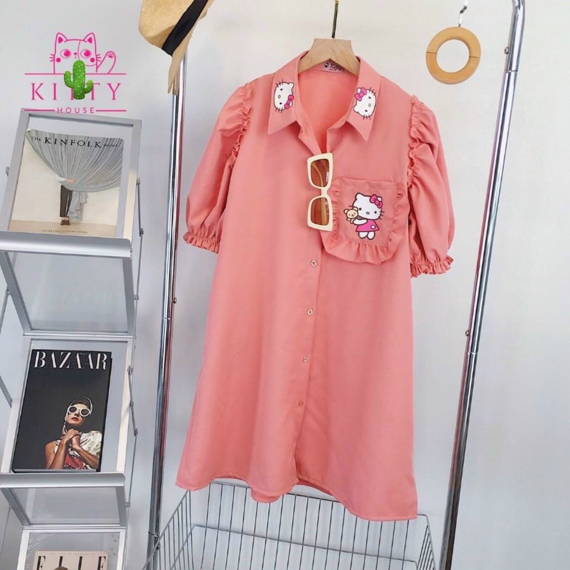 Đầm Sơ Mi Suông Phối Bèo HelloKitty
