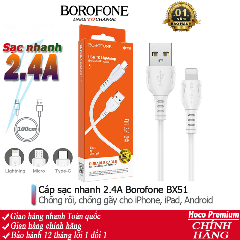 Cáp sạc nhanh Borofone BX51 chống rối, chống gãy 2.4A cho iPhone, Android
