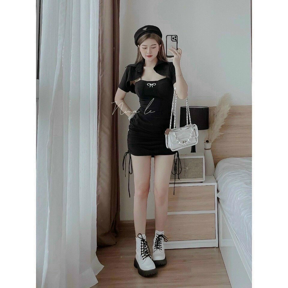 Set Đầm Body Thun Gân 2 Dây Phối Áo Croptop