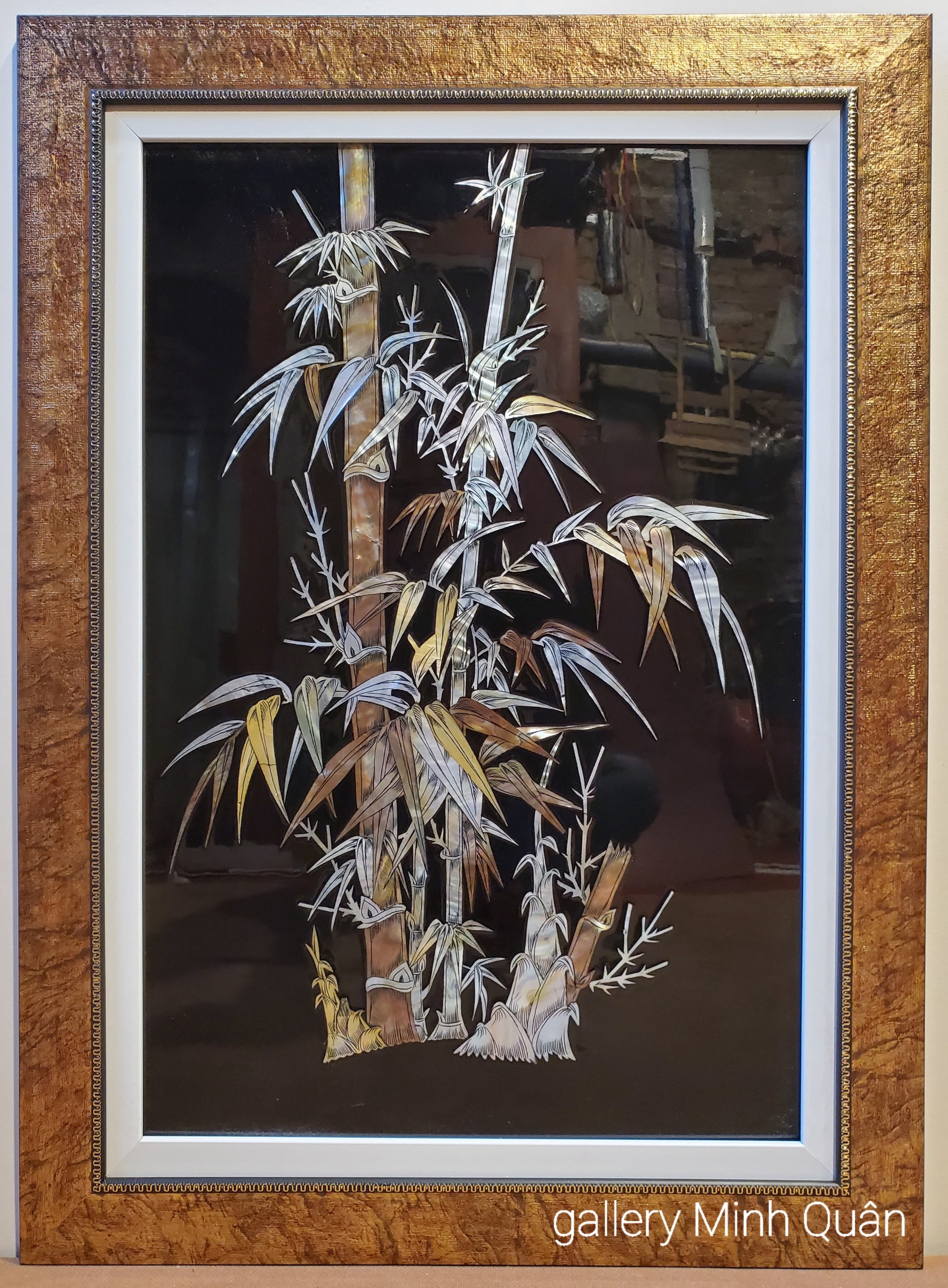 Tranh sơn mài khảm ốc " Trúc báo bình an"