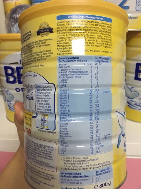 Sữa Beba Optipro xách tay Đức 800g đủ số - Vàng - Pre