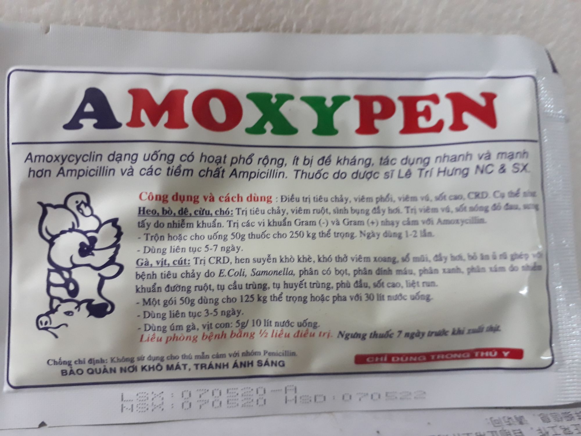 gia cầm viêm sưng đầu cổ, vết thương bị mủ, tụ huyết trùng amox 50gr