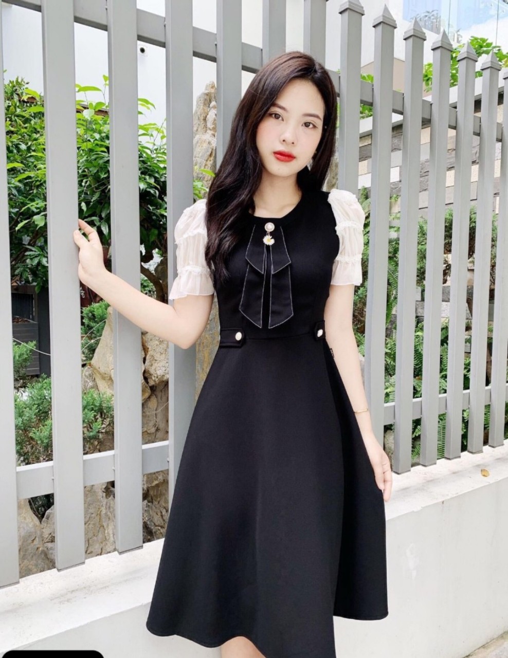 Váy đầm xòe dự tiệc tay phối voan cổ thắt nơ siêu xinh size từ 40-70kg