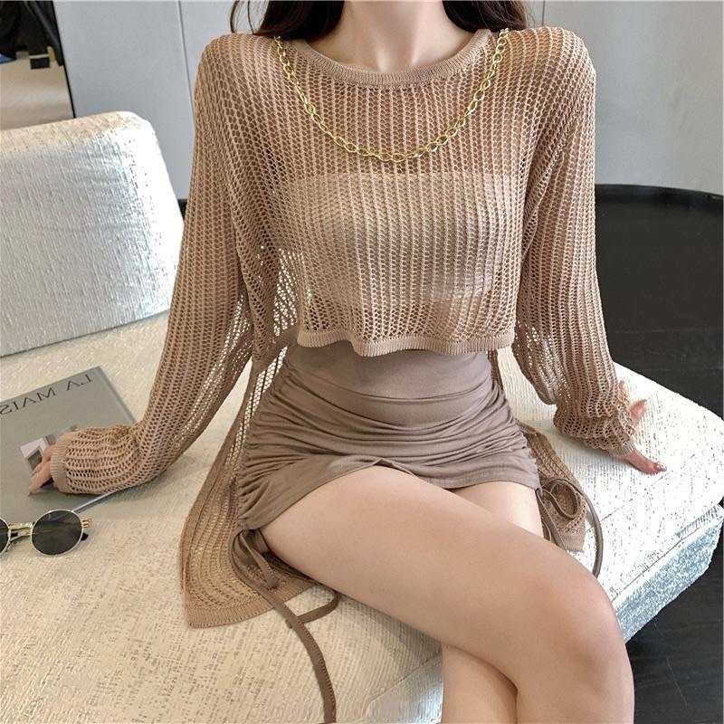 Áo lưới dài tay đi biển sexy,áo lưới trời trang xuyên thấu vạt dài