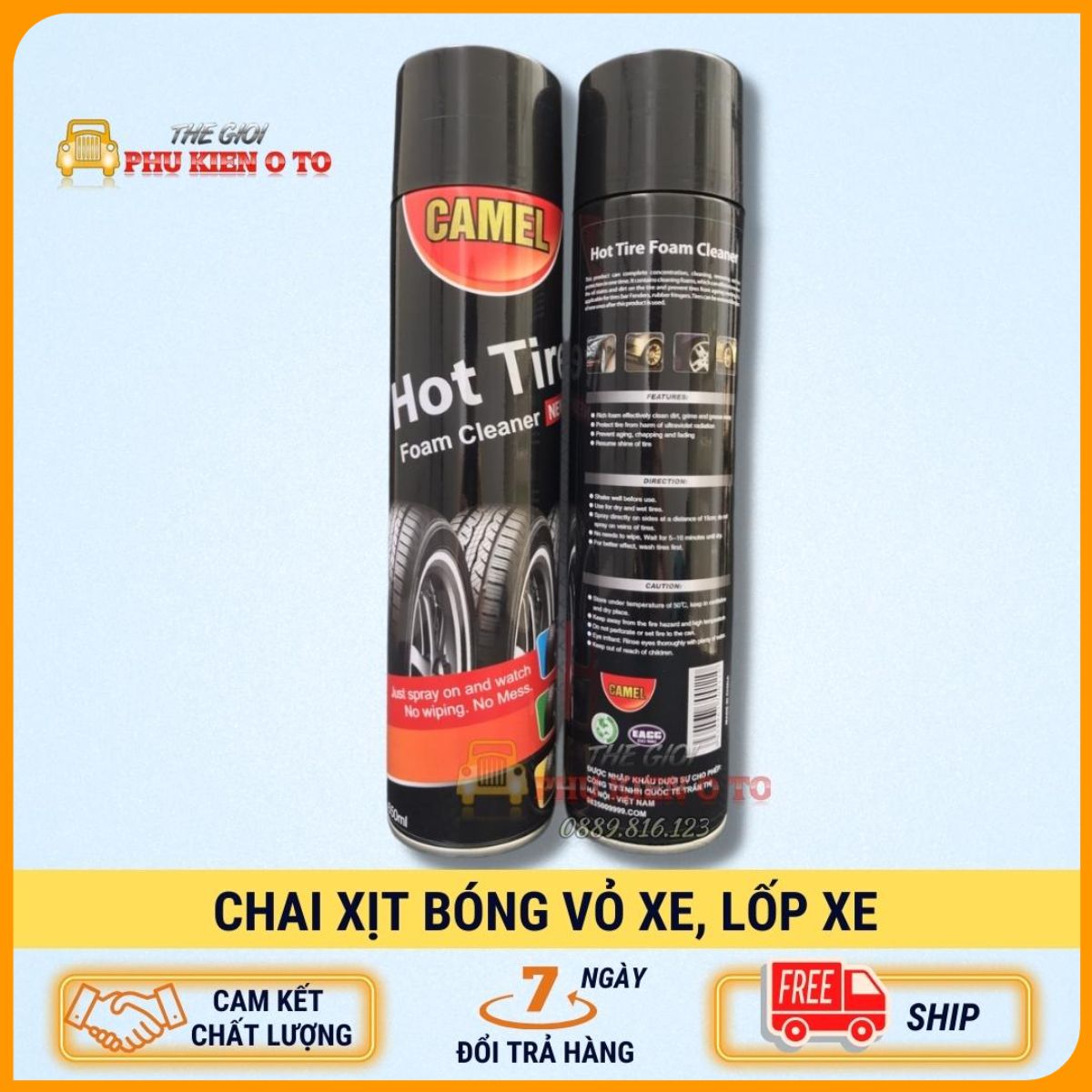 Chai xịt bóng vỏ xe, làm đen lốp xe, phục hồi nhựa nhám camel hot tire 650ml