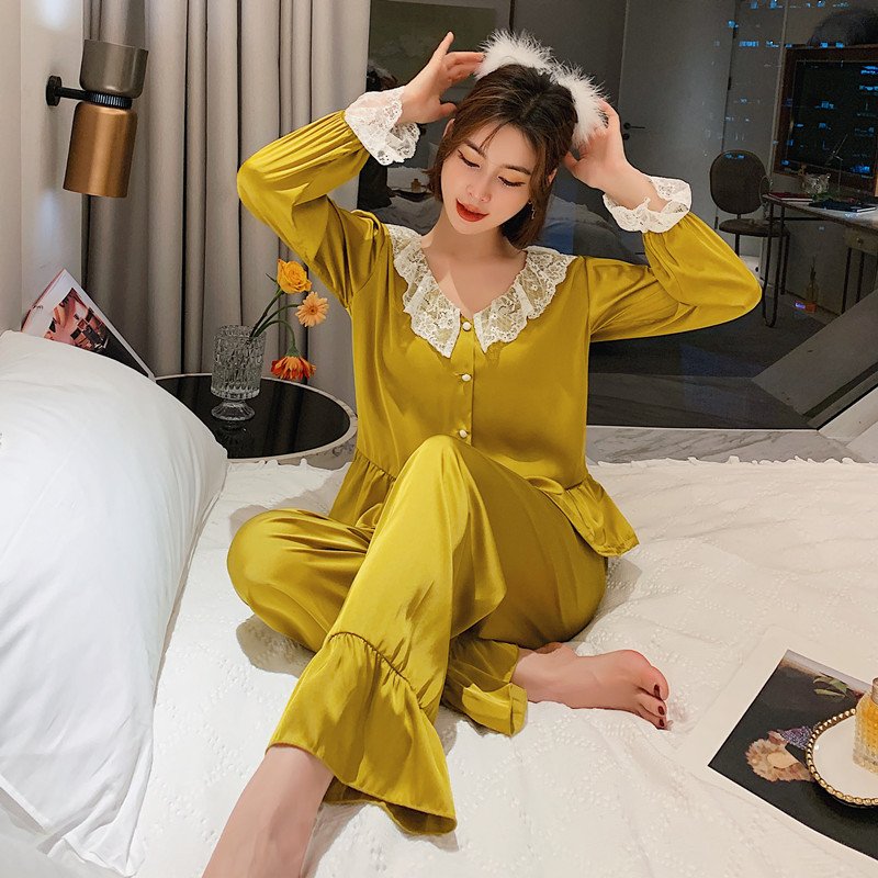 Pijama lụa tiểu thư phối bèo cao cấp, đồ ngủ lụa ,đồ ngủ pijama-PJ494.