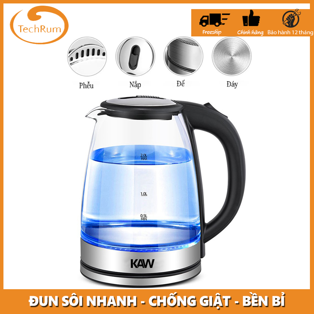 Ấm siêu tốc, bình đun nước siêu tốc KAW dung tích 2L công suất 1500w- bình siêu tốc thủy tinh KAW chính hãng- am sieu toc KAW
