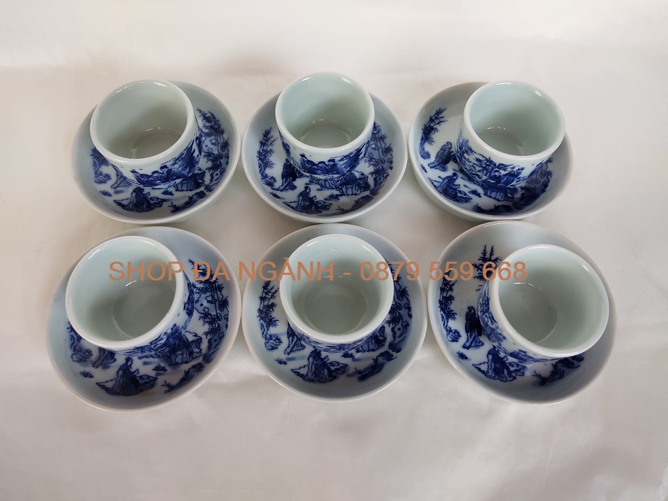 Bộ 6 chén sứ men lam cao 4 cm có đĩa kê đồng bộ