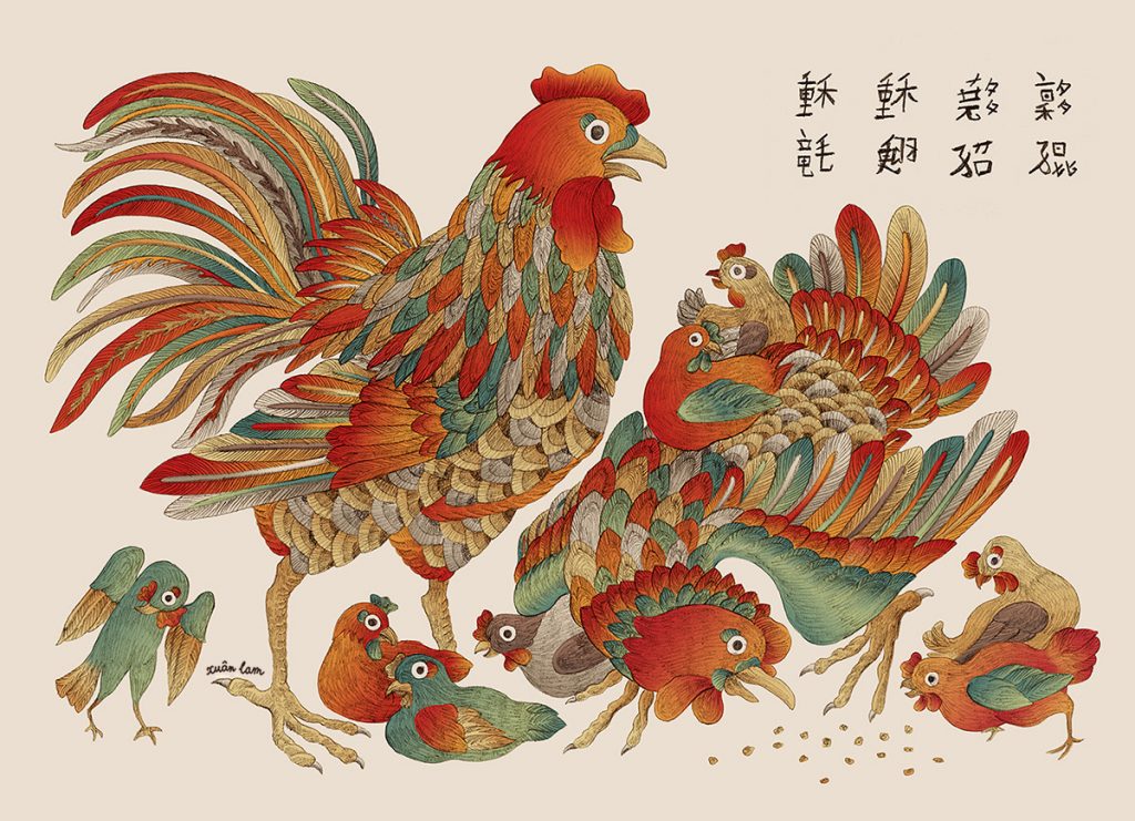 Tranh đông hồ gà thư hùng kèm khung