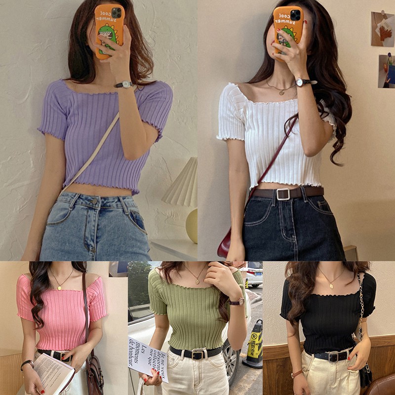 Áo Croptop Dệt Kim Tay Ngắn Thiết Kế Trễ Vai Nữ Tính