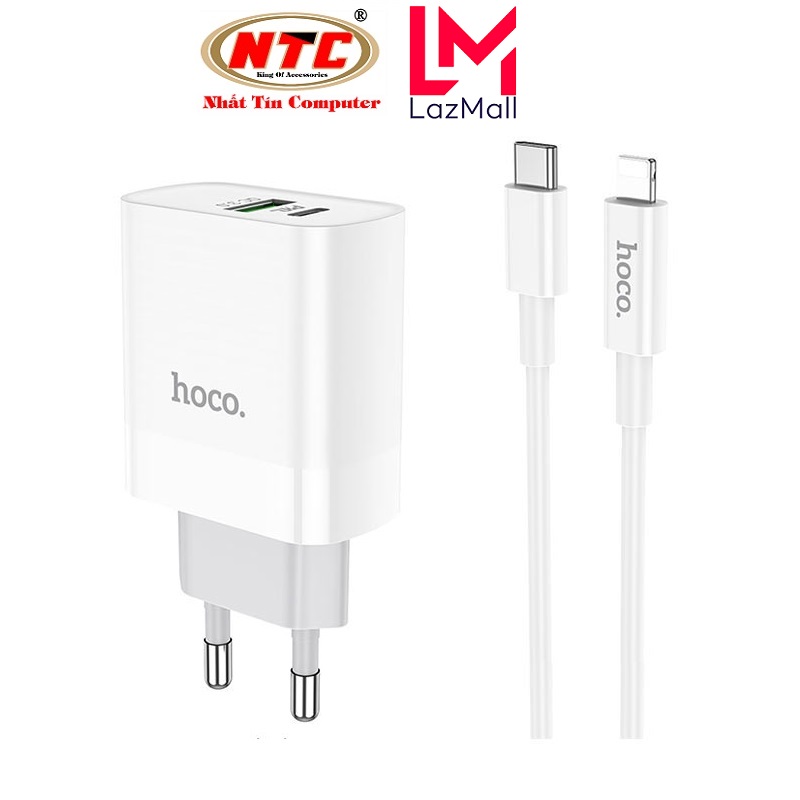 Combo Cốc sạc 2 cổng USB và PD kèm Cáp sạc Type-C to Lightning Hoco C80A QC3.0 và PD18W (Trắng) - Nhat Tin Authorised Store