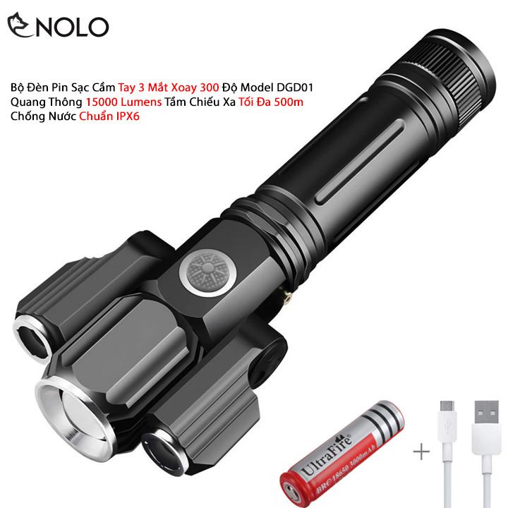 Bộ Đèn Pin Sạc Cầm Tay 3 Mắt Xoay 300 Độ Model DGD01 Quang Thông 15000 Lumens Tầm Chiếu Xa Tối Đa 500m Chống Nước Chuẩn IPX6