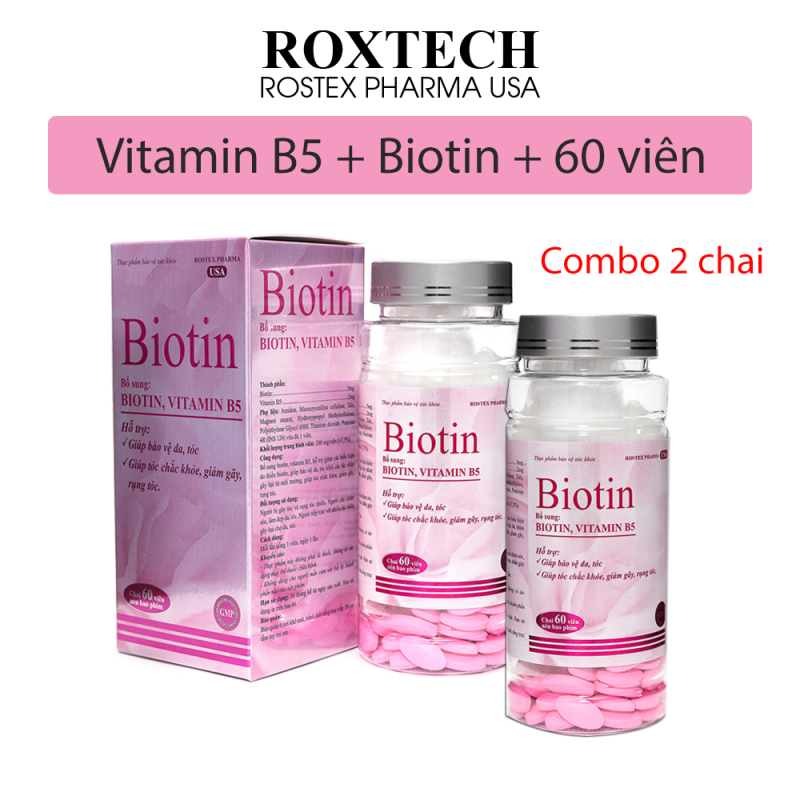 Combo 2 chai Viên uống Biotin 5mg, Vitamin B5 giúp tóc chắc khỏe, giảm gãy rụng tóc, bảo vệ da tóc - Chai 60 viên