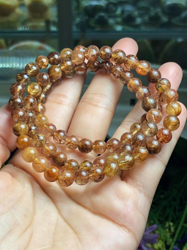Vòng đeo tay, lắc tay phong thủy đá thạch anh tóc vàng nâu quấn 3 vòng