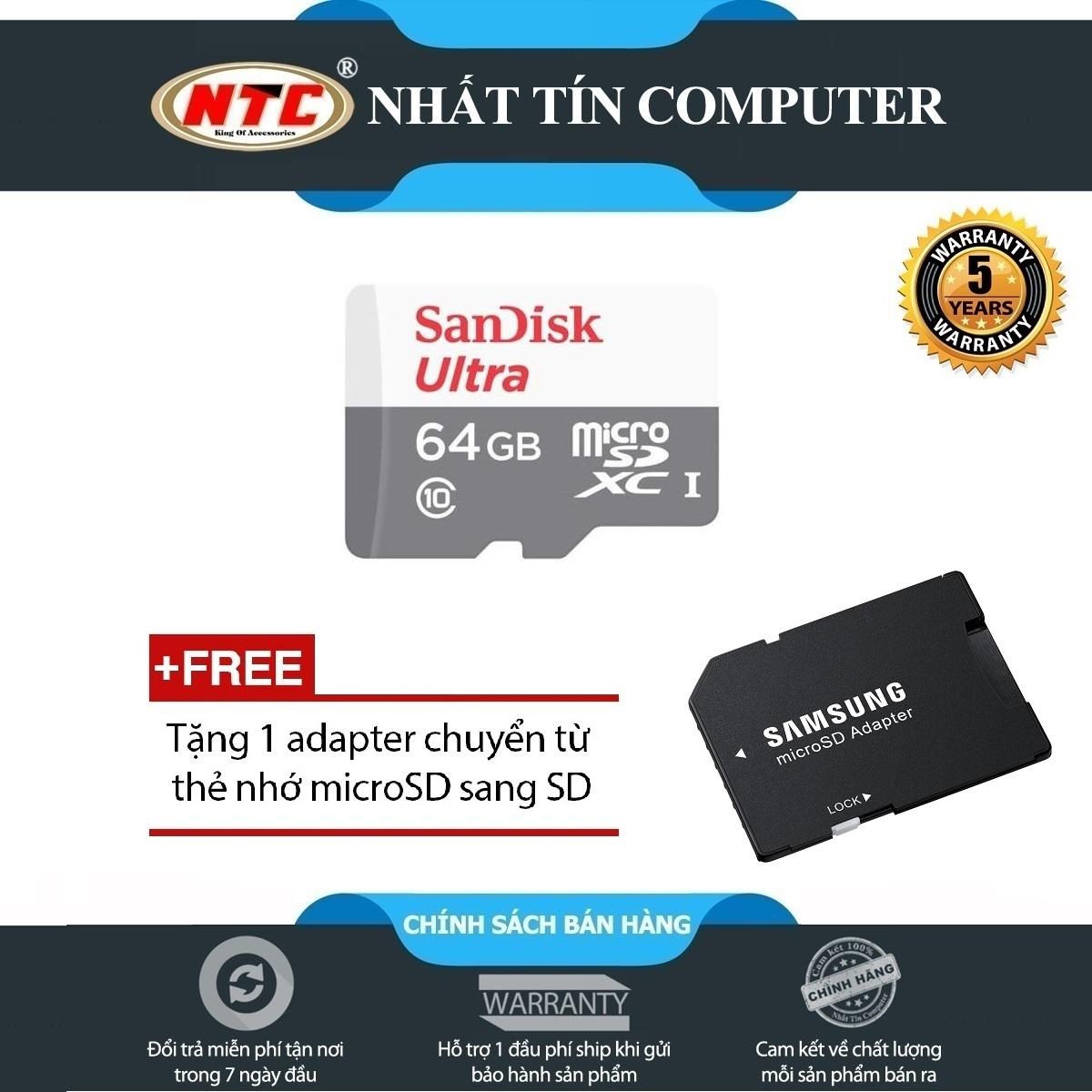 Thẻ nhớ MicroSDXC SanDisk Ultra 533X 64GB 80MB/s - Model 2017 (Trắng bạc) + Tặng kèm adapter Samung