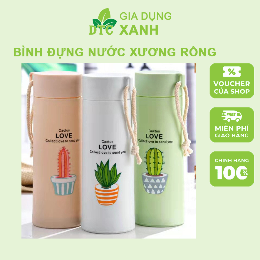 Bình chai nước xương rồng ,lõi thủy tinh 450ml, giữ nhiệt tốt hình cute. Bình Giữ Nhiệt Họa Tiết Xương Rồng 450ml