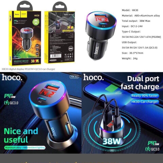 Cóc Sạc Nhanh 20W Xe Hơi Hoco HK30