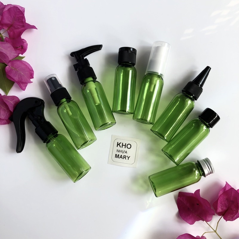 Chai 30ml Xanh/ Trong Đựng Mỹ phẩm - Chai pet nhỏ xịt sương, xịt giọt, vòi nhấn nhỏ giọt, nắp nhọn, nắp bật, nhôm