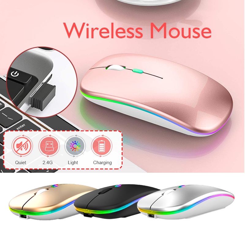 Chuột Không Dây 2.4 G Wireless,Chuột Chống Ồn Có Đèn LED,Dùng Pin Sạc,Click Không Gây Tiếng Ồn,Khoảng Cách Tín Hiệu 10-20m