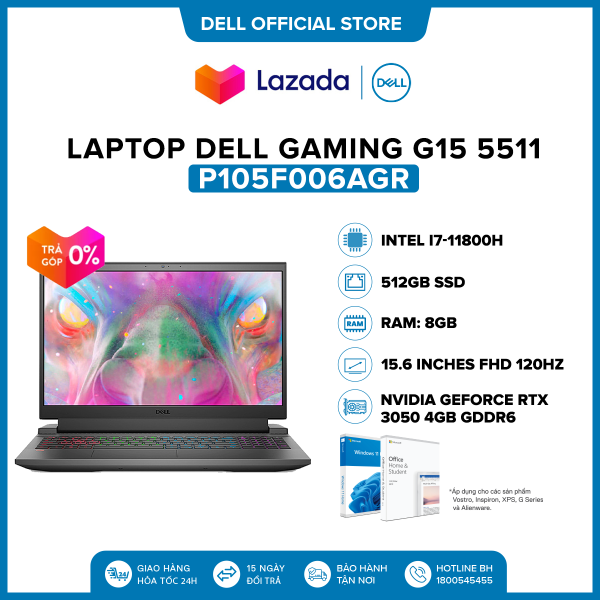 Laptop Dell Gaming G15 5511 15.6 inches FHD (Intel / i7-11800H / 8GB / 512GB SSD / NVIDIA GeForce RTX 3050 4GB GDDR6 / Office Home & Student 2021 / Windows 11) l Dark Shadow Grey l P105F006AGR