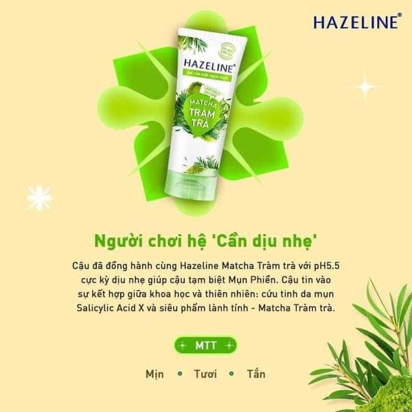 Hazeline sữa rửa mặt thiên nhiên lành tính- sữa rửa mặt hazeline matcha tràm trà 15g - hazeline nghệ hoa cúc 15g