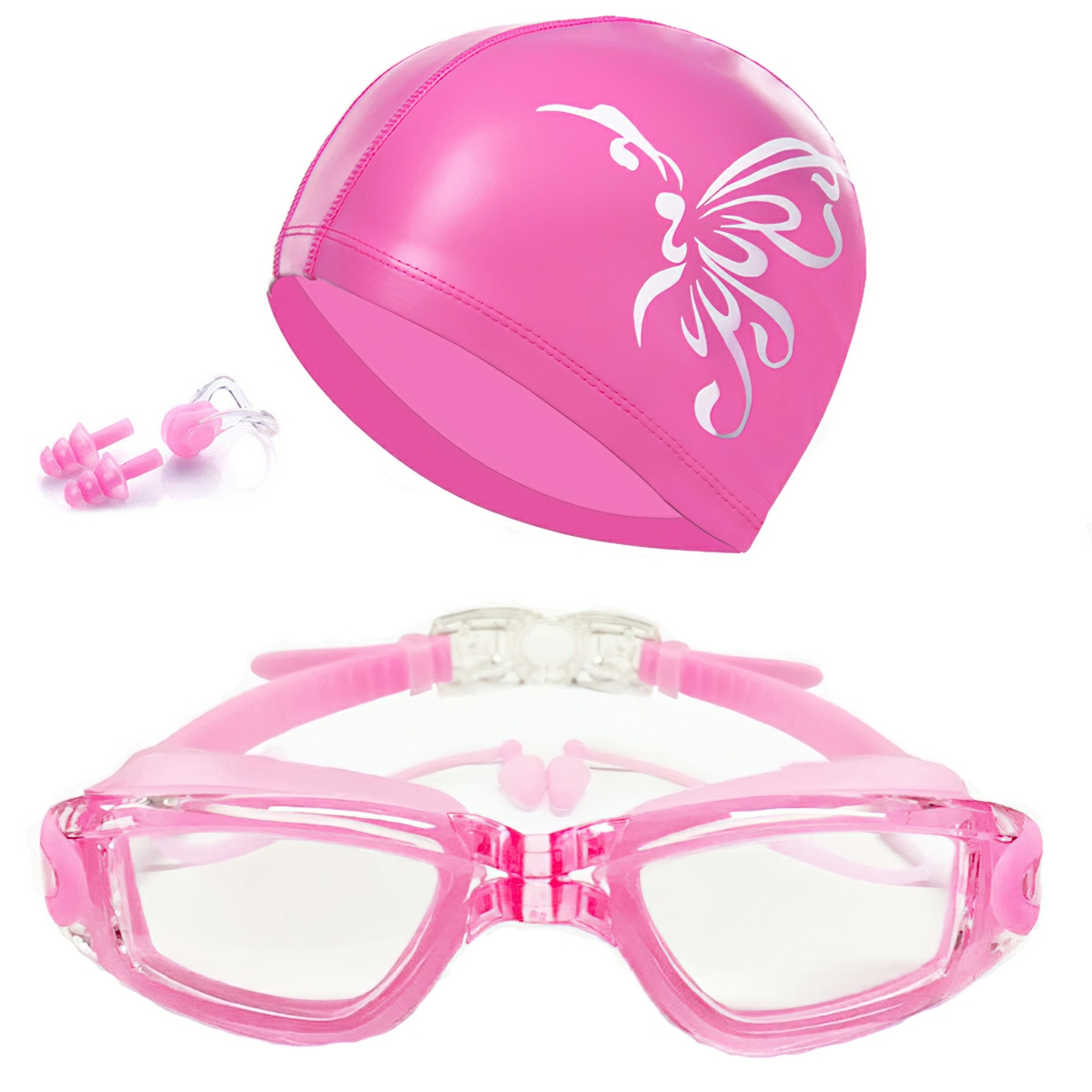 Adult mirrored swimming goggles with swimming cap and nose clip earmuffs for men, women, and children