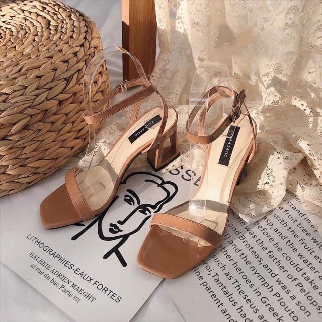 Sandal cao gót 7 phân đế vuông da bóng mới