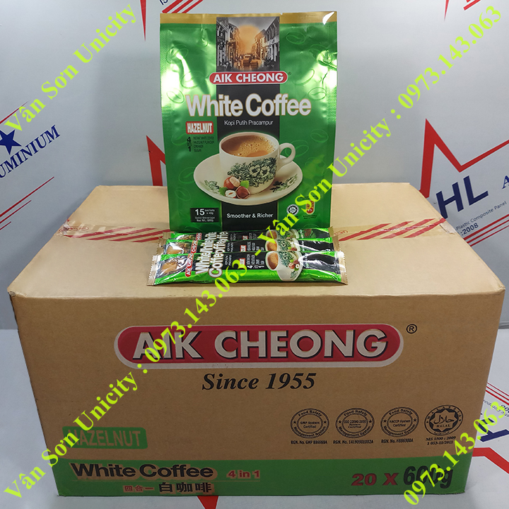 Cà phê trắng vị Hạt Phỉ (Hazelnut) Aik Cheong bịch 600g (15 gói dài x 40g)