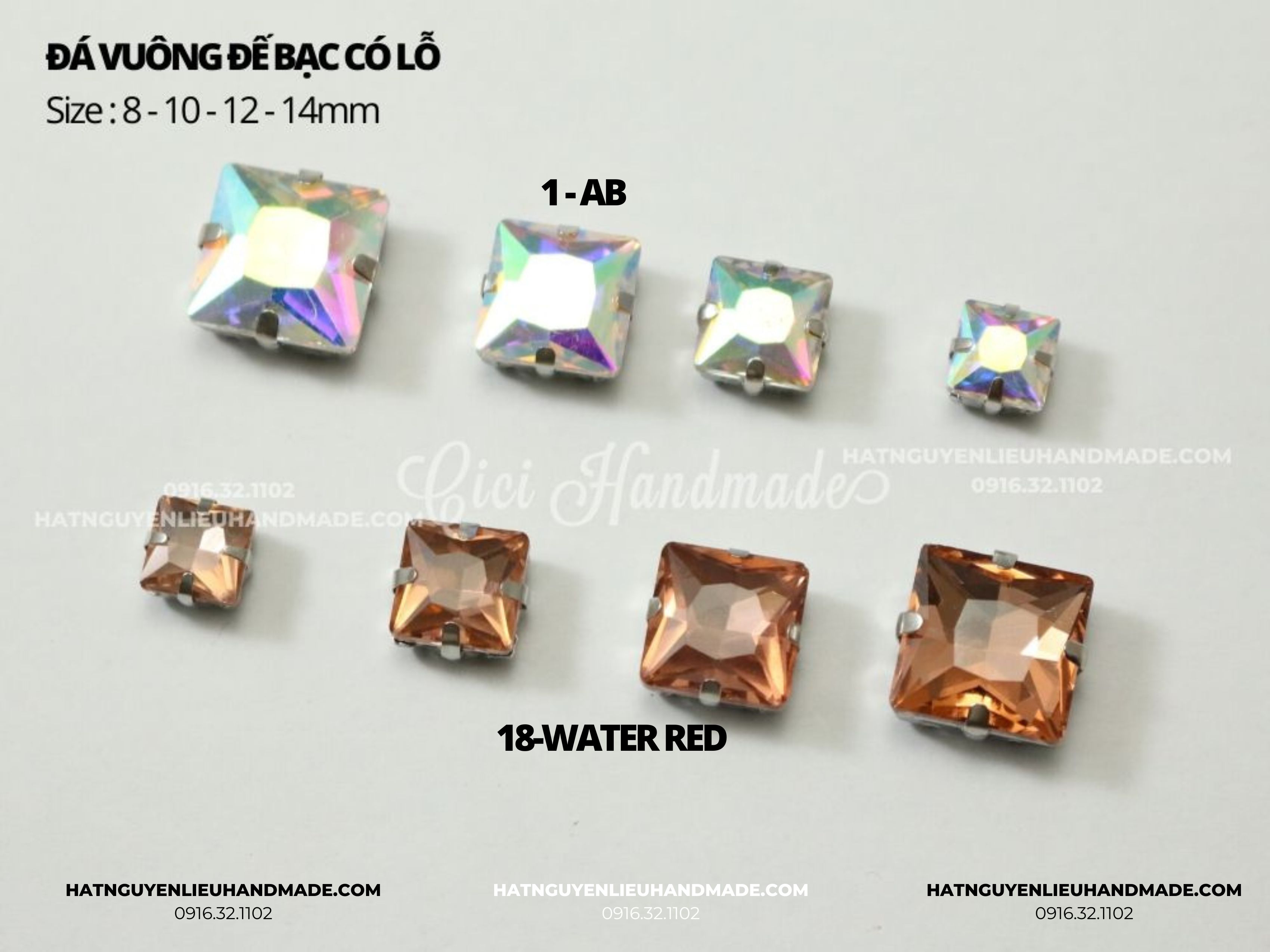 Set 10 hạt đá vuông đế bạc có lỗ khâu size 8mm 10mm 12mm và 14mm Cici Handmade chuyên hạt đá hạt pha lê hạt cườm hạt trang sức