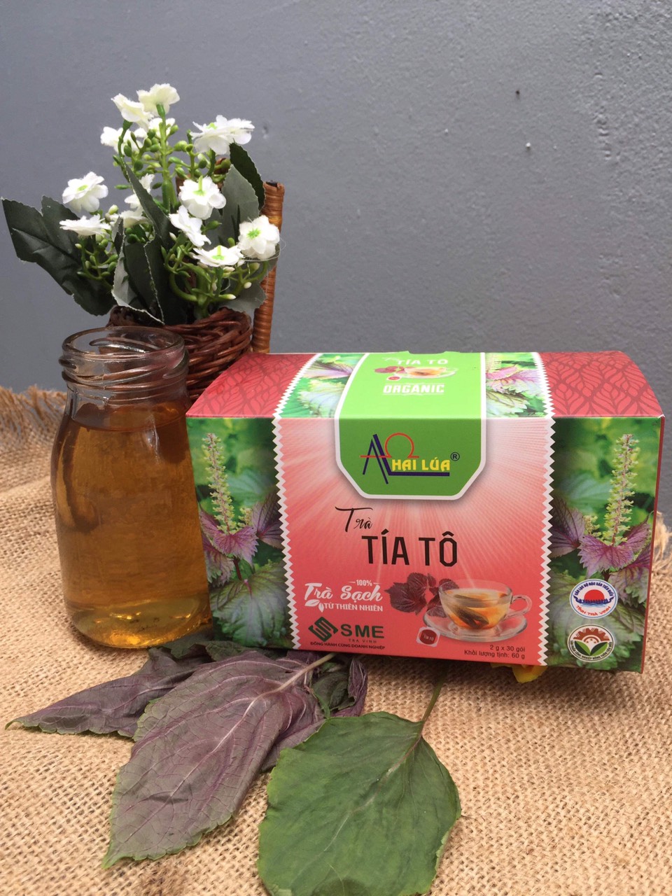 Trà Tía Tô (trà túi lọc) [Hai Lúa - Phú Qưới]hộp 30 gói