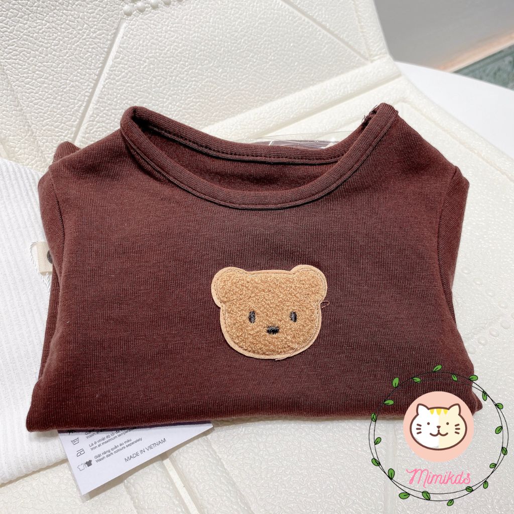 Áo dài tay đính gấu chất cotton cho bé trai , bé gái 2 màu trắng và nâu cho bé Mimikids QA32