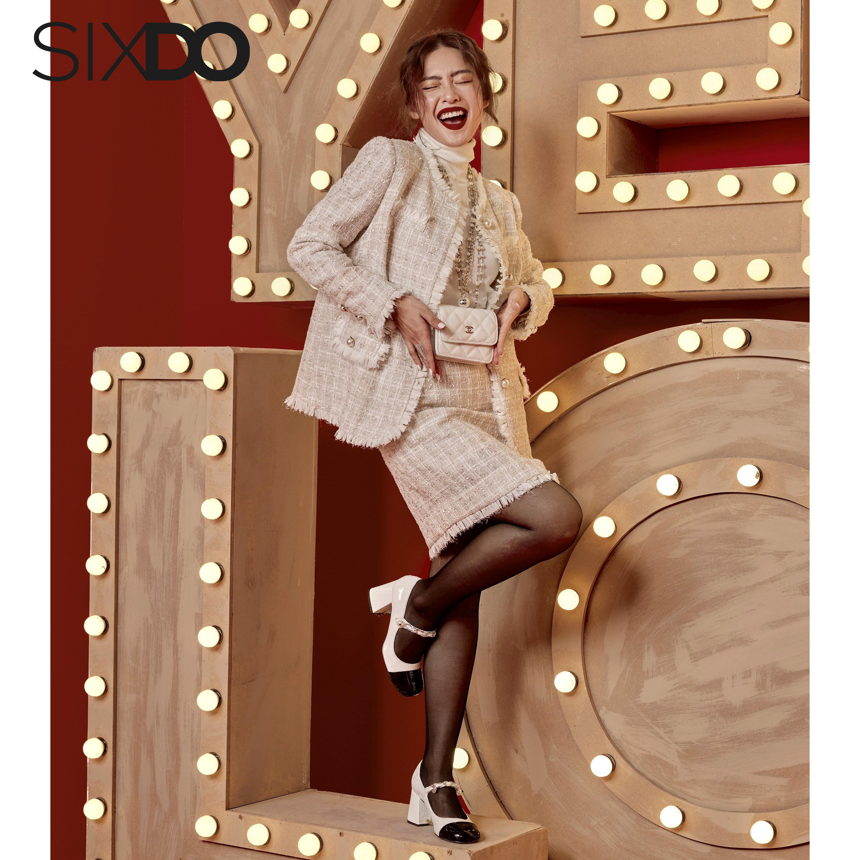 Chân váy chữ A dạ tweed be SIXDO (Beige Mini Tweed Skirt)