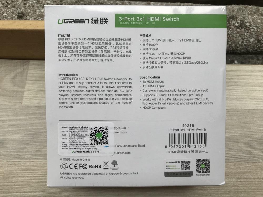 Bộ Chia HDMI 3 Vào 1 Ra Ugreen 40215 Cao Cấp