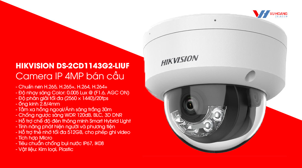 Camera ip 2mp 4mp dome có mic hikvision ds-2cd1143g2-liuf mẫu mới 2024 1143 1123