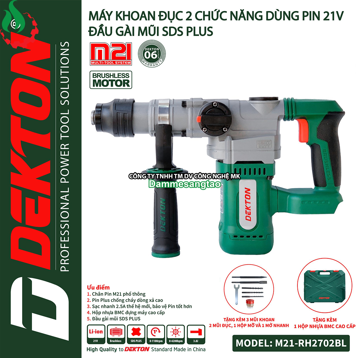 Máy khoan đục pin 21V Dekton M21-RH2702BL